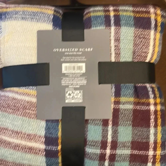 West Loop oversized scarf Burgundy Blue white yellow Lines NWT - Picture 2 of 3